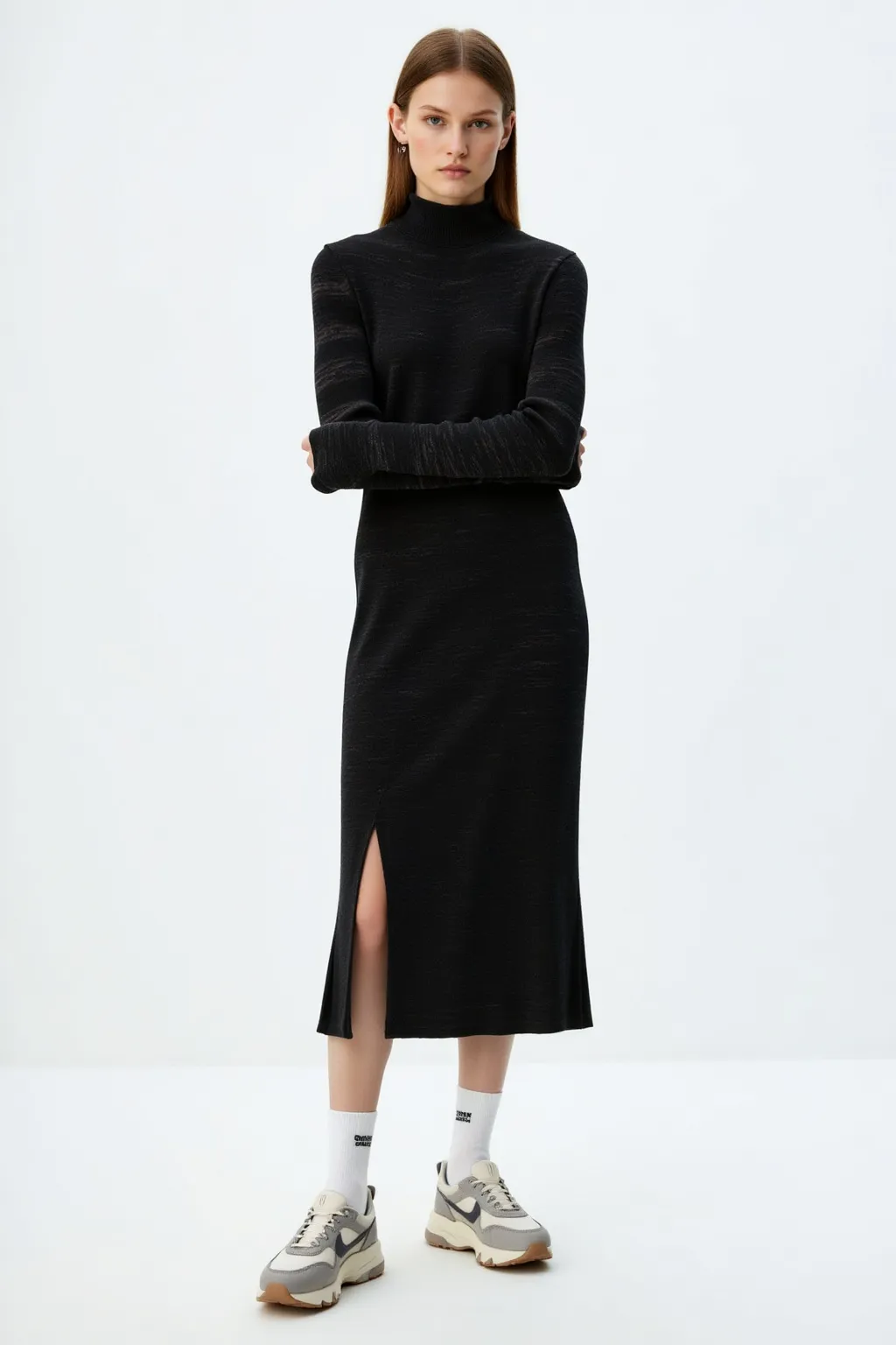 Black Slit Dress with Collar