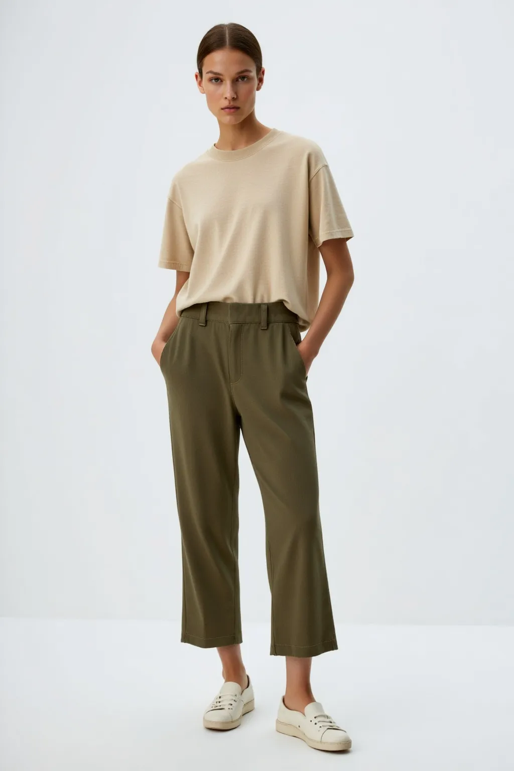 Set Khaki Pants and Beige T-Shirt