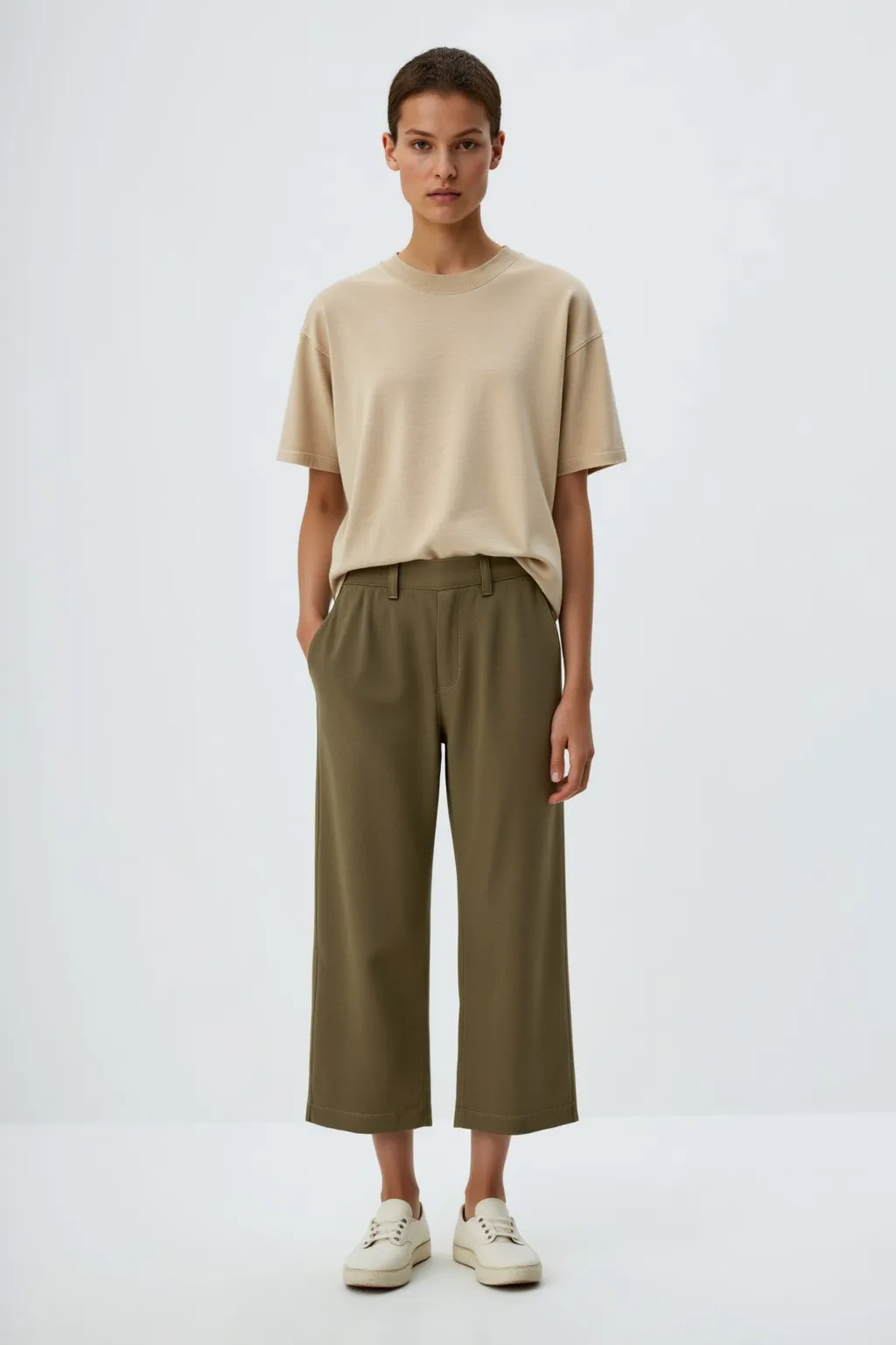 Set Khaki Pants and Beige T-Shirt