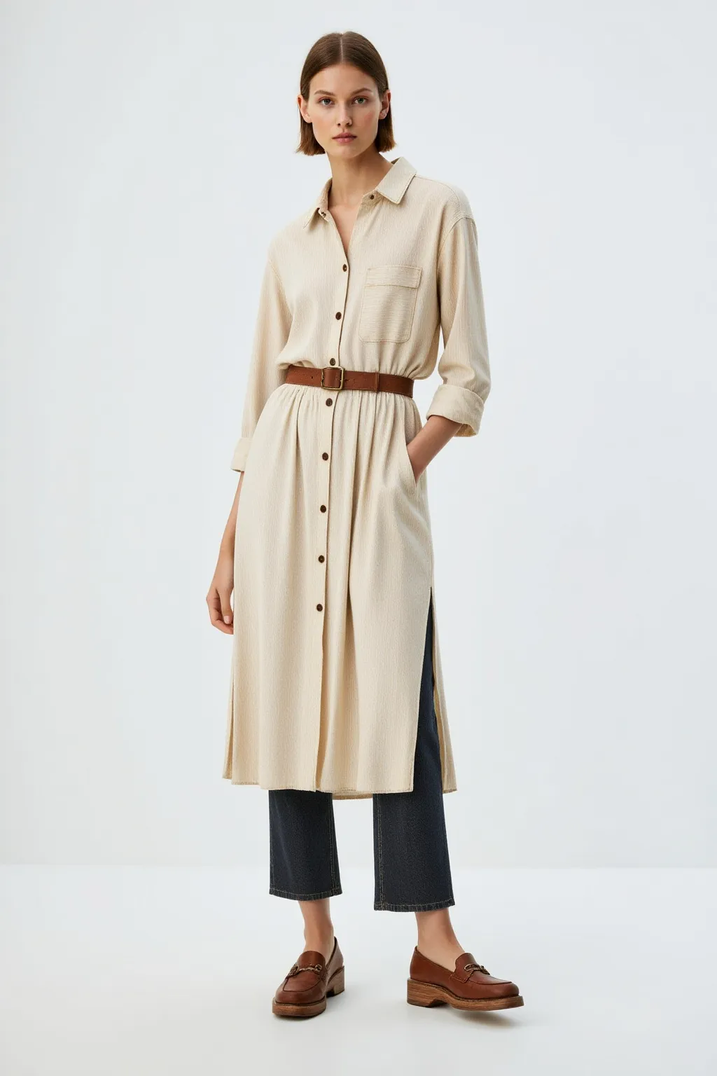 Cream Long Belt Dress