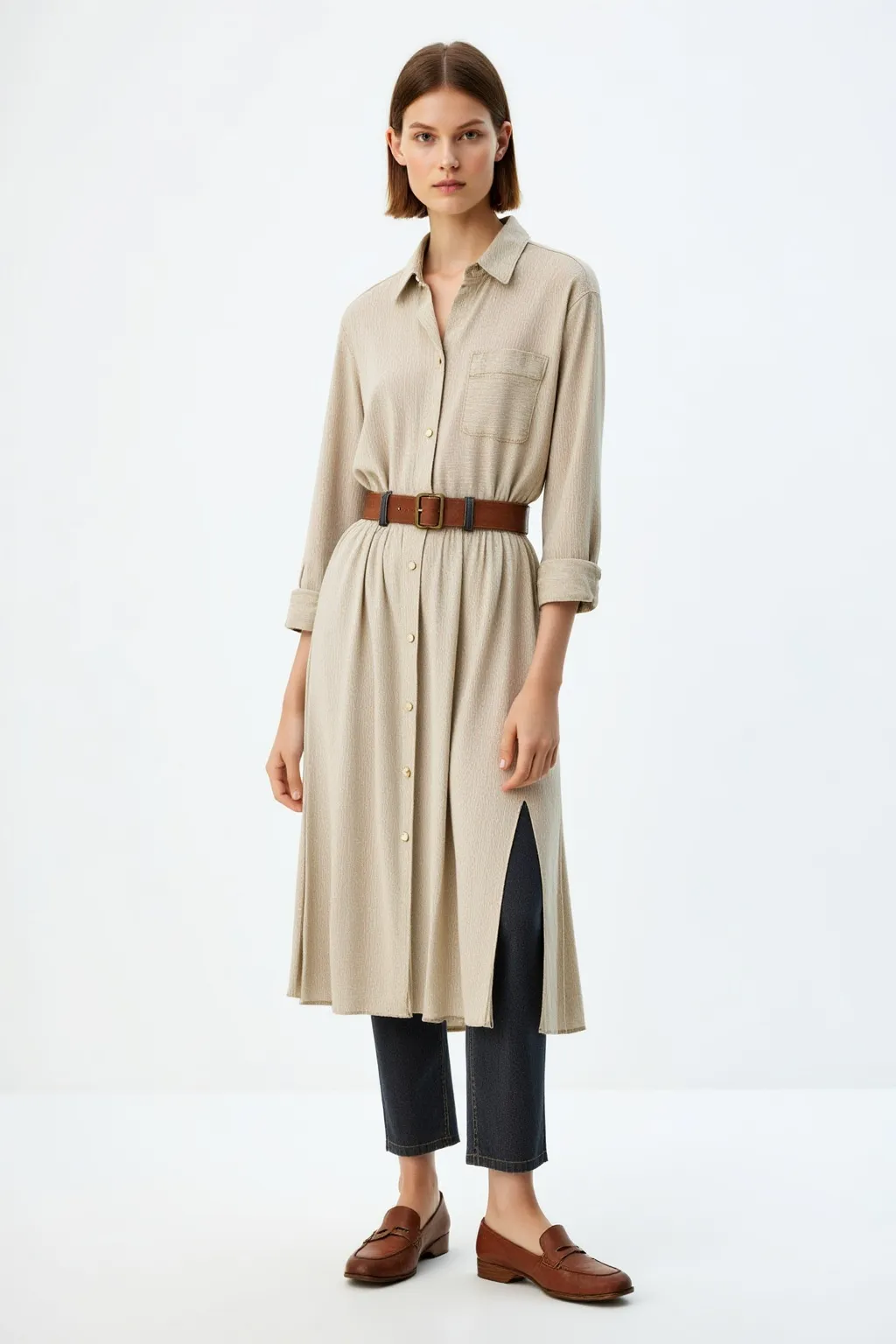 Cream Long Belt Dress