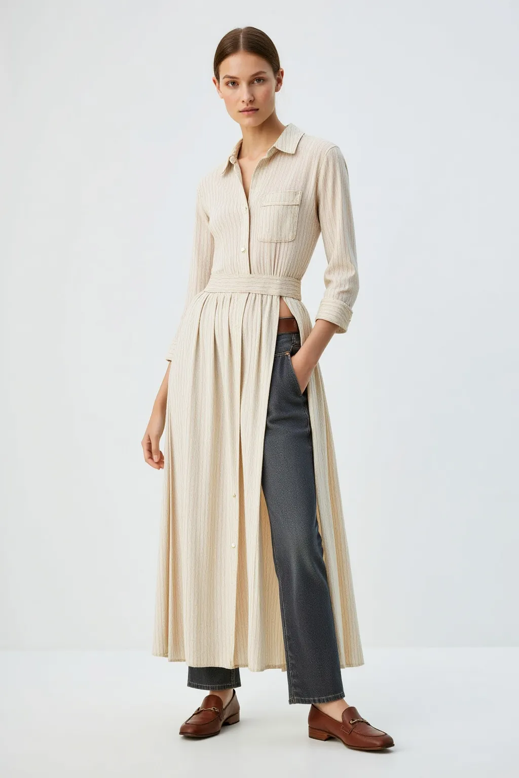 Cream Long Belt Dress